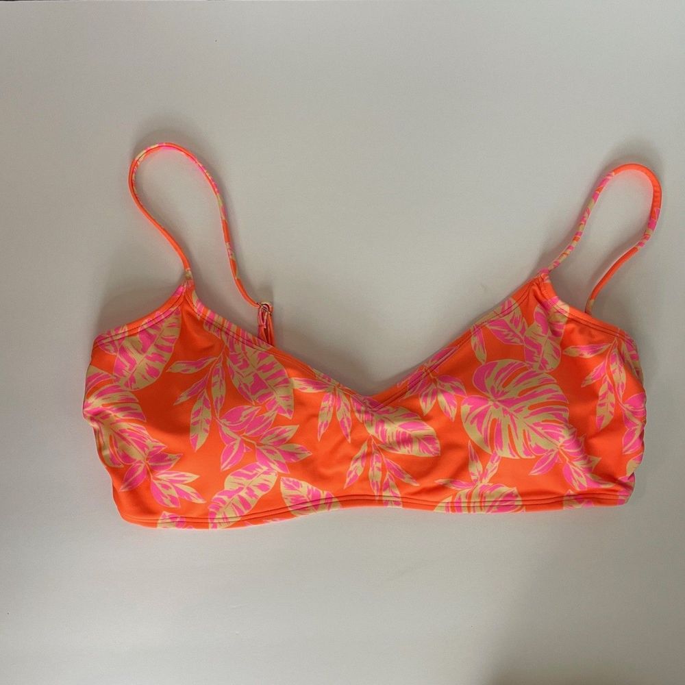 Ninety Nine Degrees Orange Pink Tropical V neck Bikini Swim Top